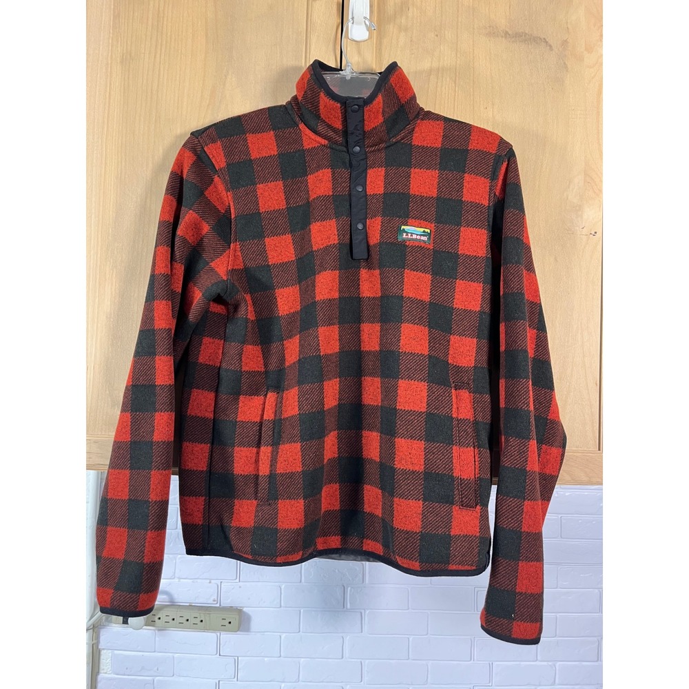L.L. Bean Fleece Pullover Mens Medium Red Buffalo Plaid Snap Mock Neck 500682